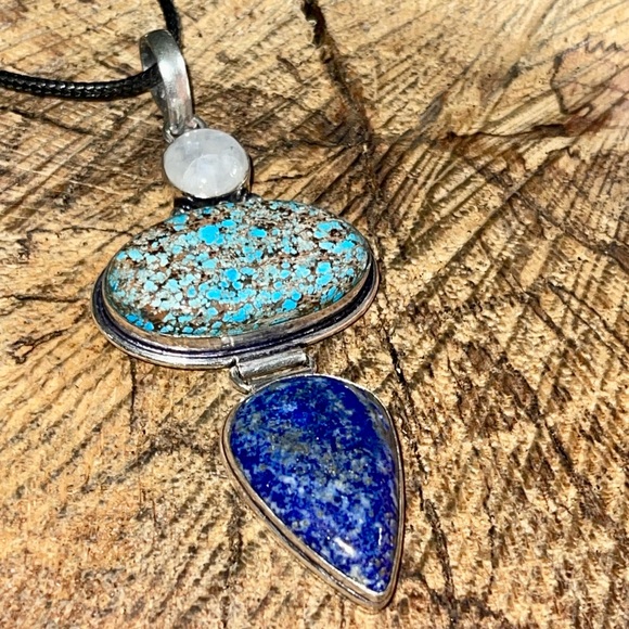 Crystal Pairing of Large Turquoise, Lapis Lazuli & Moonstone Pendant 3 1/4” - Picture 7 of 12